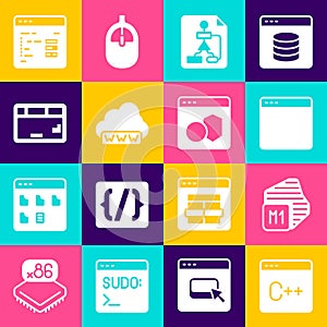 Set Software, Processor, Browser window, Flowchart, Web development, Keyboard, and icon. Vector