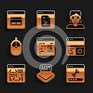 Set Software, Processor, Loading data window, Debugging, Computer mouse, Hacker coder and Search engine icon. Vector