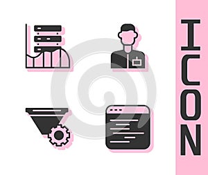Set Software, Server, Data, Web Hosting, Filter setting and Analyst engineer icon. Vector