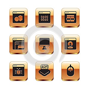 Set Software, System bug, Processor, Computer monitor screen, MySQL code, mouse and Binary icon. Vector