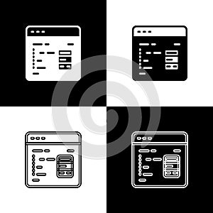 Set Software, web developer programming code icon isolated on black and white background. Javascript computer script