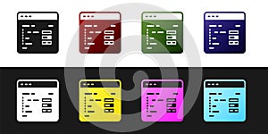 Set Software, web developer programming code icon isolated on black and white background. Javascript computer script