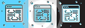 Set Software, web developer programming code icon isolated on blue and white, black background. Javascript computer