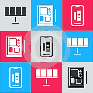 Set Solar energy panel, Graphic tablet and Smartphone, mobile phone icon. Vector