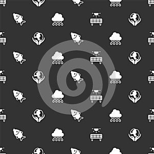 Set Solar energy panel, Hand holding Earth globe, Dead fish and Cloud with rain on seamless pattern. Vector