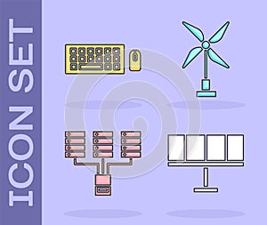 Set Solar energy panel, Keyboard and mouse, Server, Data, Web Hosting and Wind turbine icon. Vector