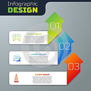 Set Solar energy panel, Leaf Eco symbol and Oil rig. Business infographic template. Vector