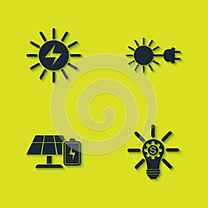 Set Solar energy panel, Light bulb with gear, and battery and Sun electric plug icon. Vector