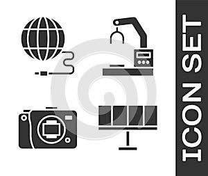 Set Solar energy panel, Social network, Mirrorless camera and Robotic robot arm hand factory icon. Vector