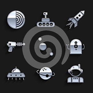 Set Solar system, Planet, Astronaut, Alien, UFO flying spaceship, Ray gun, Rocket with fire and Earth structure icon