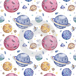 Set of Solar system planets hand drawn illustration. Seamless space pattern background