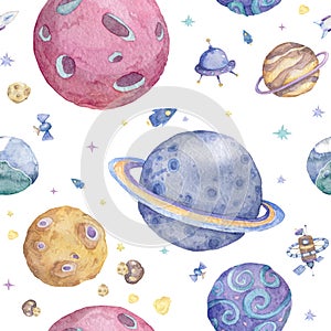 Set of Solar system planets hand drawn illustration. Seamless space pattern background