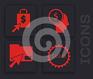 Set Sold label, Shoping bag and dollar, Business man planning mind and Cursor click document folder icon. Vector