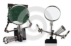 Set soldering clamp holder, magnifier magnifying glass jewelry clamp, helping hand isolated on a white background