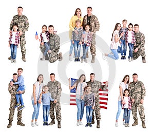 Set with soldier and his family on white background.