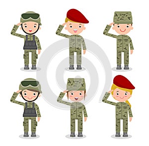 Set of soldiers. men and women. flat cartoon character design on white background photo