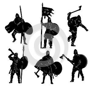 Set of soldiers. Norman warriors, Vikings, Varangians. Vector image.