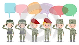 Set of soldiers with speech bubble, talking with speech balloon vector illustration isolated on white background US Army soldiers