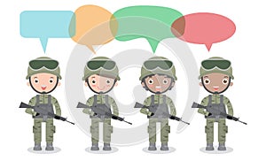 Set of soldiers with speech bubble, talking with speech balloon vector illustration isolated on white background US Army soldiers