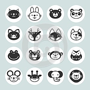 Set of solid animal circle icons on gray background