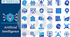 modern artificial intelligence solid icon set of 30 vector symbols for ai technology automation machine learning and digital