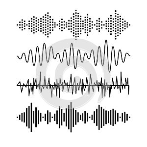 Set of sound audio waves music. EQ musical melody technology. Record vector. Musical wave form. Rocorder melody sound