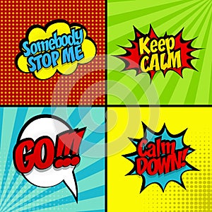 Set sound effect pop art style stop, keep calm