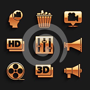 Set Sound mixer controller, 3D word, Megaphone, Film reel, Hd movie, tape, frame, Camera and location and Head with