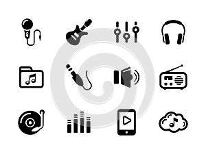 Set of sound and music black icons on white