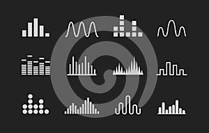 Set of Sound wave logo. Music wave white icons on black background. Vector illustration.