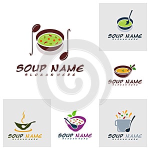 Set of Soup logo design concept. Food Cooking logo vector. Kitchen logo with pot full of vegetables