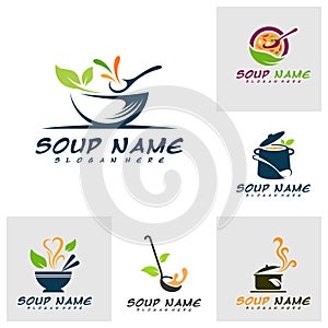 Set of Soup logo design concept. Food Cooking logo vector. Kitchen logo with pot full of vegetables