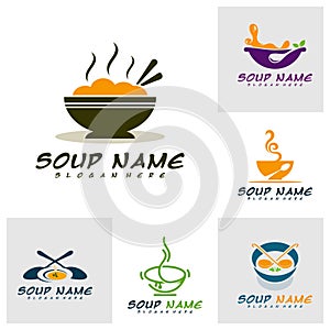 Set of Soup logo design concept. Food Cooking logo vector. Kitchen logo with pot full of vegetables