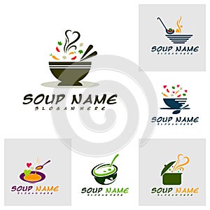 Set of Soup with Love logo design concept. Food Cooking logo vector. Kitchen logo with pot full of vegetables