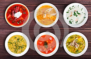 Set of soups from worldwide cuisines, healthy food.