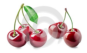 Set of sour cherry berries with stem and leaf isolated on white background