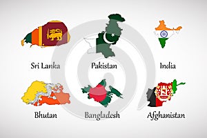 Set of South Asia country maps with flags isolated on gray background, vector illustration photo