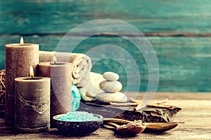 Set for spa treatments with cosmetic products for body care and relaxation photo