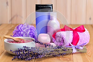 set of spa treatments with natural lavender still life