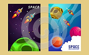 set of space banners. vector illustration. cover design. sky, planets and starsRocket space trip concept. Galaxy game design.