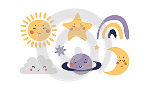 A set of space celestial characters for a children s poster, a smiling sun, a sleeping moon, a planet with a face, a