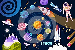 Set of space colorful cartoon objects. Map of the solar system. Children`s design.