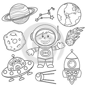 Set of space elements. Astronaut, Earth, saturn, moon, UFO, rocket, comet, constellation, sputnik and stars