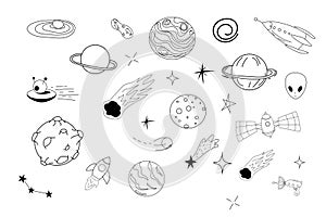 Set space elements ufo spaceship, rocket, satellite, stars and planets in doodle style isolated. Hand drawn collection