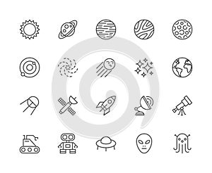 Set of Space Line Icons. Sun, Solar System, Galaxy, Cosmos, Stars and more.