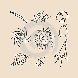 Set of space objects in doodle style