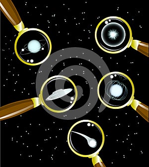 Set of space objects. Supernova, pulsar, stars, planets, meteor, ufo. .