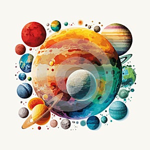 Set of space planets watercolor hand draw illustration with light isolated background vector illustration