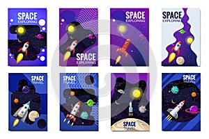 Set space rocket travel cards, exploration of the universe, other planets, flying rockets, stars of distant galaxies photo