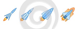 Set of space rockets. Easy, middle, heavy rockets and space shuttle. Side view collection of flying rockets. Flat style vector
